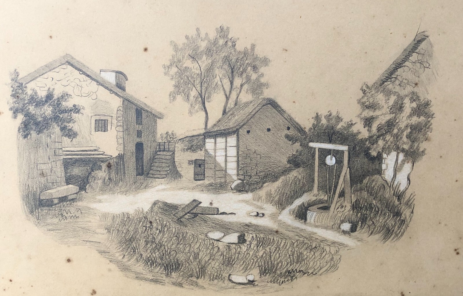 Dibujo antiguo, patio de granja, mina de plomo, siglo XIX