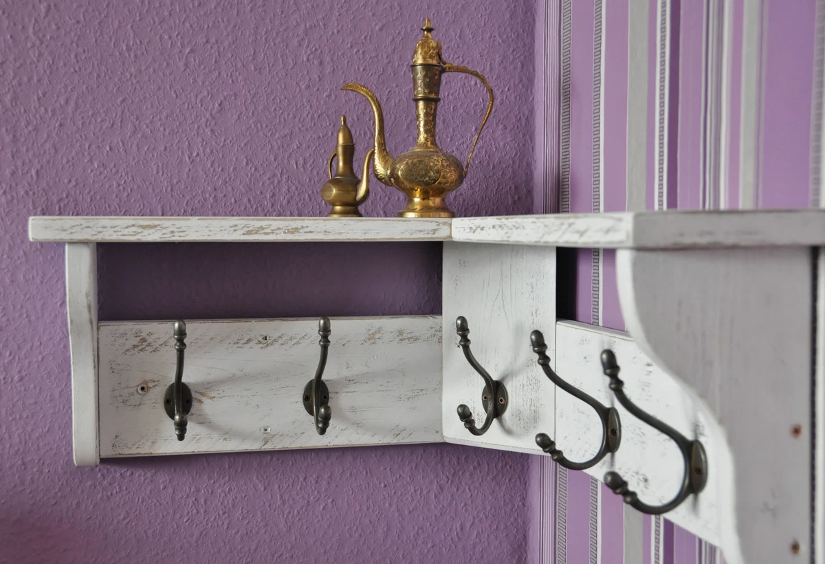 Solid Wood Hat Coat CORNER Rack with shelf Shabby Chic White wash 3 5 7 9 hooks