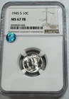 1945-S  Mercury US Silver Dime,  MS67 by NGC,  FB,  SIGHT WHITE,   EXCEPTIONAL!!