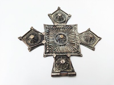 Pendentif Ancien En Forme De Croix Style Ethnique - Métal Argenté, Occasion En Excellent état