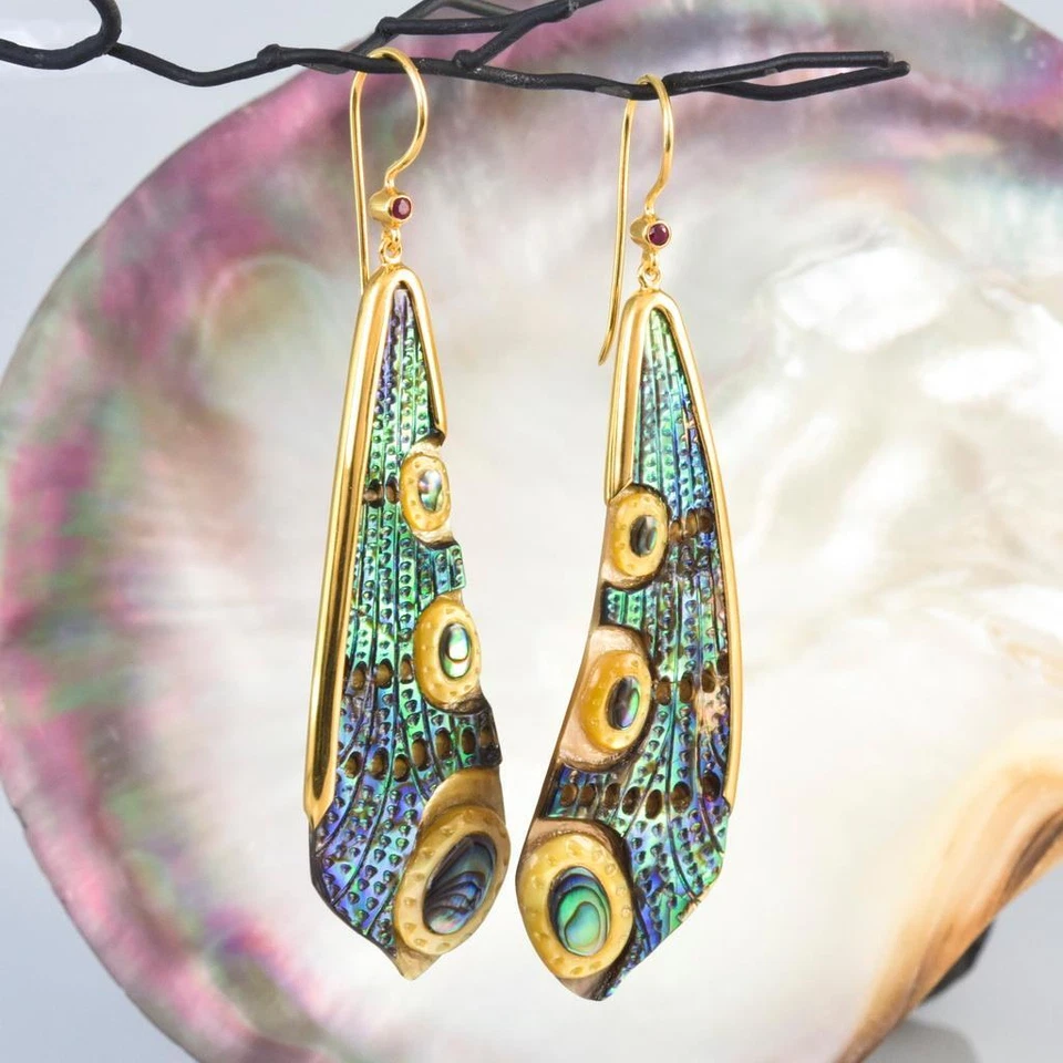 Dragonfly Wing Earrings Abalone Carving Gold Vermeil Sterling Silver Ruby 11.17g - Image 3 of 4