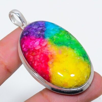 Natural Rainbow Solar Quart Gemstone 925 Sterling Silver Jewelry Pendant Sz 2''