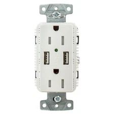 Hubbell USB15A5W White Outlet Dual 15 Amp 125v 2-Pole and Dual 5 Amp 5v USB P...