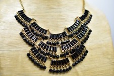 Statement Bib Collar Necklace Dangle Black Beaded Gold Metallic Layered Bin6