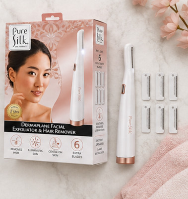 Pure Silk Dermaplane Facial Exfoliator Hair Remover LED Light + 6 Blades