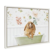 Kate and Laurel Sylvie Pudgy Bunny in Floral Bubble Bath Framed Canvas Wall A...