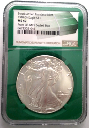 1987 S AMERICAN SILVER EAGLE DOLLAR 1 OZ NGC MS69 GREEN LABEL STRUCK AT SAN FRAN