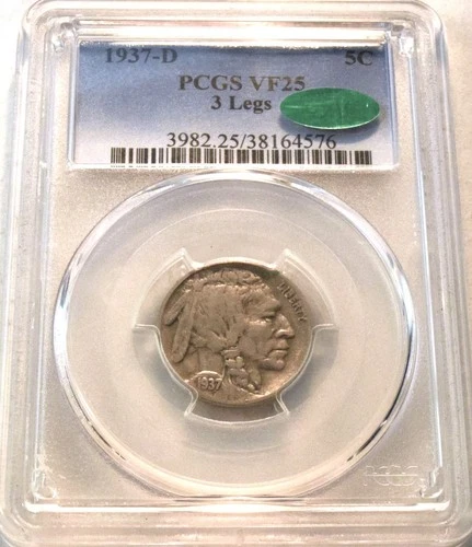 1937 D 3 Legs PCGS VF 25 CAC Buffalo Nickel, Scarce Three Legged Error Type Coin