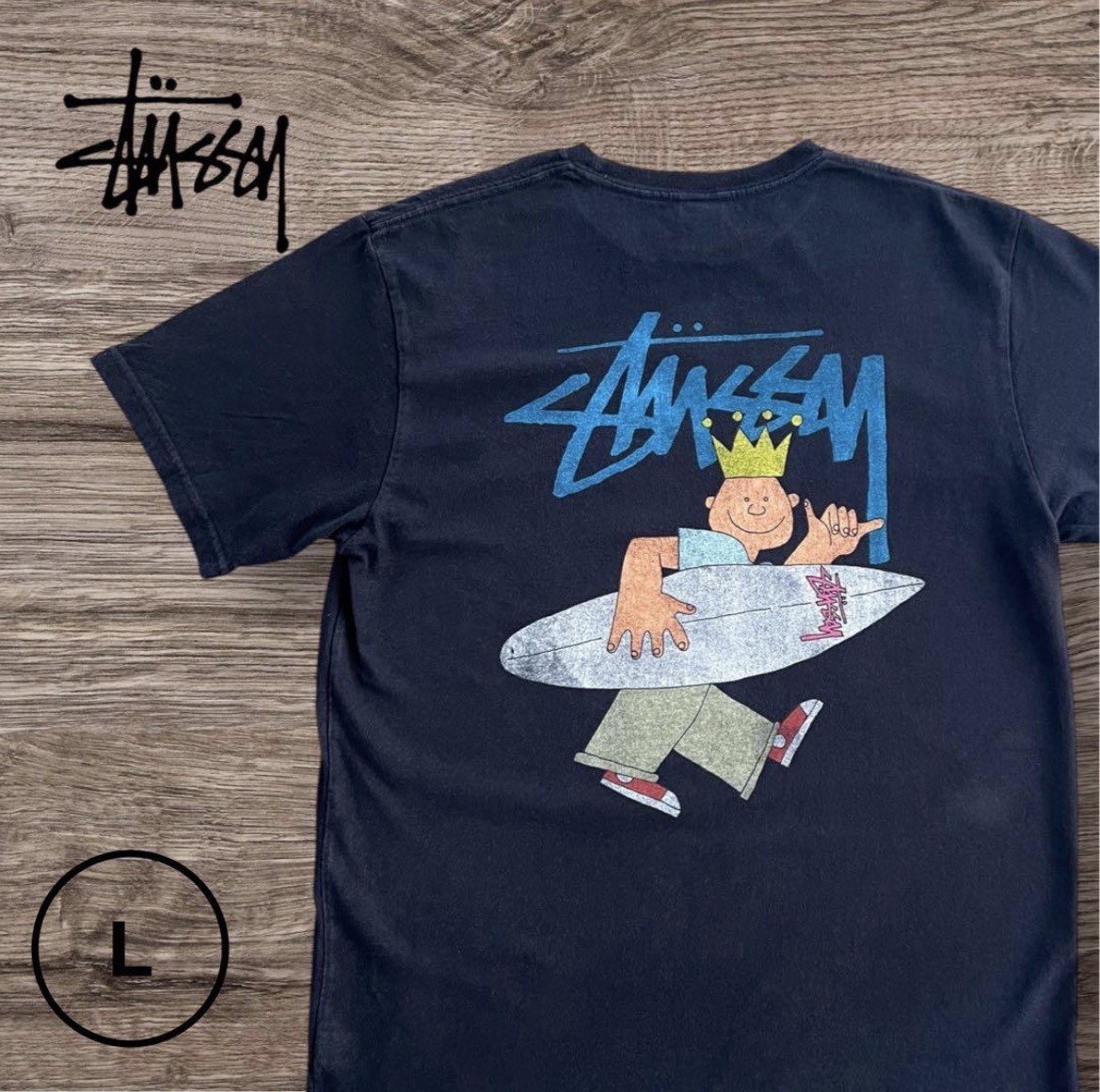 Stussy T-Shirt L Black Crown Surfer Graphic Back Rare CA USA Tag