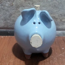 Small Ceramic Pig Figurine Blue Cork Stoppers Signed Morgan