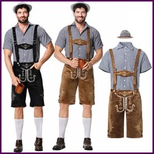 M-XXL German Oktoberfest Lederhosen Costume Short Sleeve Plaid Shirt Suspenders