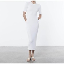 ENZA COSTA Silk Rib Half Sleeve Midi Dress Womens XS White Crew Neck LuxuryNEW