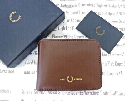 FRED PERRY Leder-Geldbörse mit Doppelfaltung Herren Marke hellbraun schmale Kartenbrieftaschen neu im Karton UVP £60