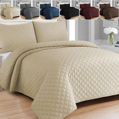 3 PIECE QUILTED BEDSPREAD BED THROW SINGLE DOUBLE KING SIZE EMBOSSED BEDDING SET - Image 1 of 4