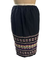 Vintage Boho Black Cotton Skirt W/ Colorful Ethnic Embroidery XS - Small