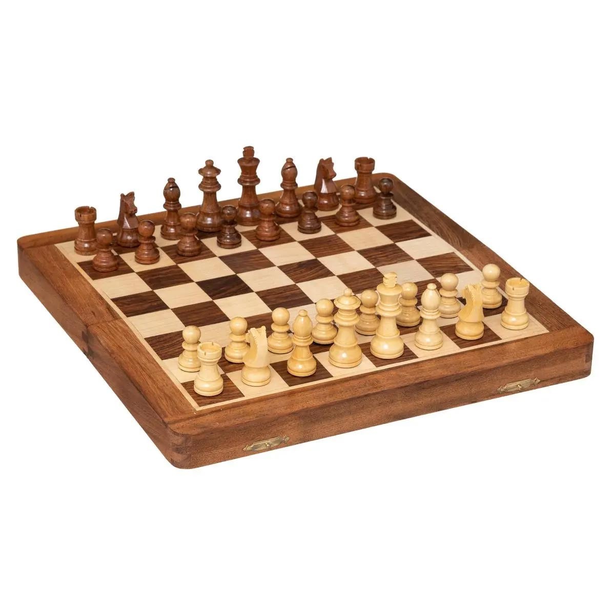 Échiquier en bois d'acacia 33cm | Jeu d'échec de luxe marron fait main
