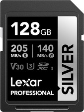Lexar 128GB Professional Silver SD Card, UHS-I, C10, U3, V30, 4K, up to 205/140