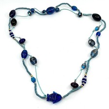 Vintage Art Glass Fish Beaded Layered Necklace Blue Boho Y2K Nautical Style Boho