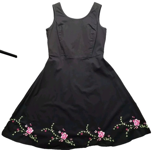 Vintage 90s 00s Dress Size 8 Sleeveless Embroidered Floral Black Cotton Sweet - Picture 1 of 17