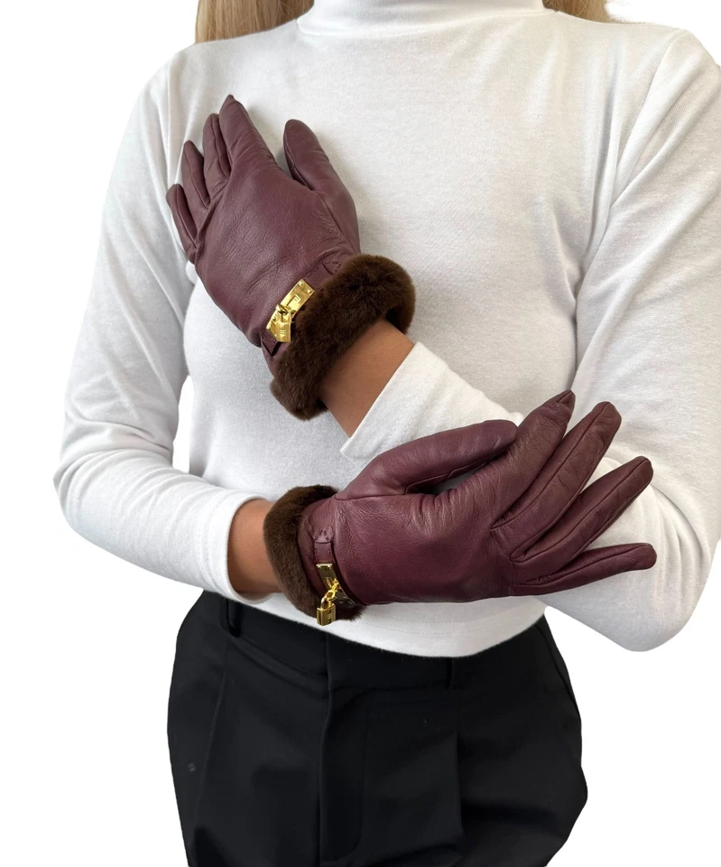 HERMES Vintage H Logo Kelly Gloves #7 Accessory Padlock Charm Purple Leather - Image 2 of 4