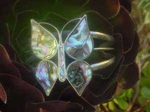 Vtg. Mexican Alpaca Silver w Inlaid shell Abalone Butterfly shaman Cuff Bracelet