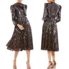 Mac Duggal NWT Brown Long Sleeve Sequin Tea Length Dress Size 6 Accent Bow