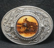 XB21110 AWESOME VINTAGE 1970s  TRAIN ENGINE  RAILROAD ARTWORK MENS BELT BUCKLE
