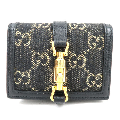 GUCCI New Jackie Bifold Wallet GG Denim Leather Navy Gold HDW 645536 Authentic