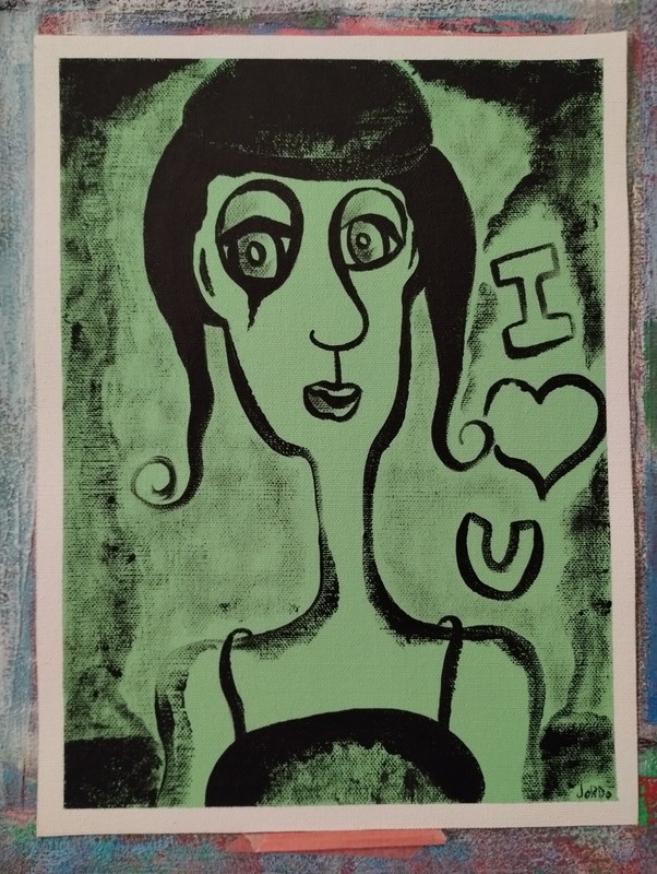 I LOVE YOU GREEN EXPRESSIONISM PAINTING ON LOOSE CANVAS..9 X 12 BY: JORDO #2