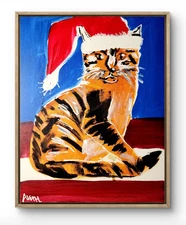 Original Art Merry Cat 14x11 Colorful Modern Art Christmas Painting on Canvas