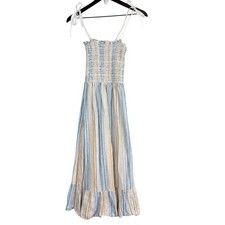 Reformation Marbella Stripe Shirred Blue Dress 100% Linen STRAPS ADDED - S