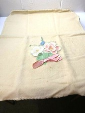 VTG 1960'S BOILED WOOL Baby blanket CREAM WITH PINK BLUE APPLIQUE FLOWERS