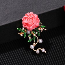 Pink Resin Enamel Crystal Faux Pearl Leaf Peony Flower Brooch Pin