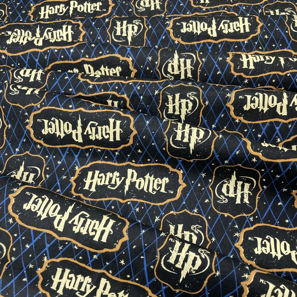 3/4 Yards - 35" x 45" Harry Potter HP Logo 100% Cotton Fabric RARE Blue Black - Image 3 of 4