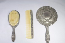 Vintage Silver Plated Vanity Dresser 3 Piece Set Brush Comb