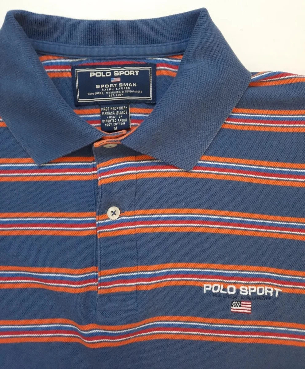 POLO SPORT SPORTSMAN Vintage 90's RALPH LAUREN Pique Shirt Blue Orange Stripes
