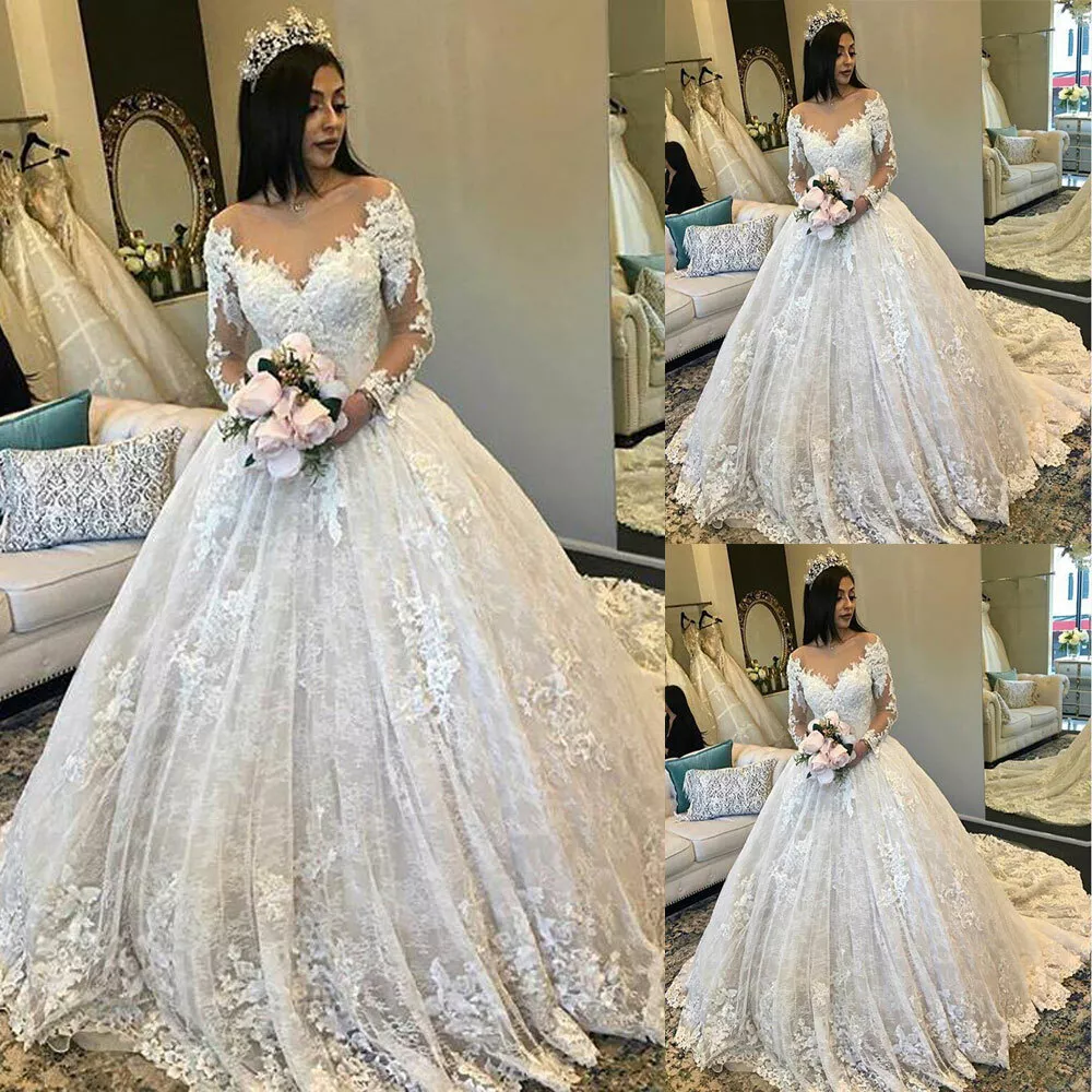 Elegant Wedding Dresses Long Sleeves Scoop Neck Sweep Train Lace Bridal Gowns