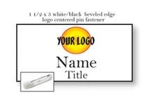 1 WHITE BLACK NAME BADGE COLOR LOGO CENTERED 2 LINES OF IMPRINT PIN FASTENER