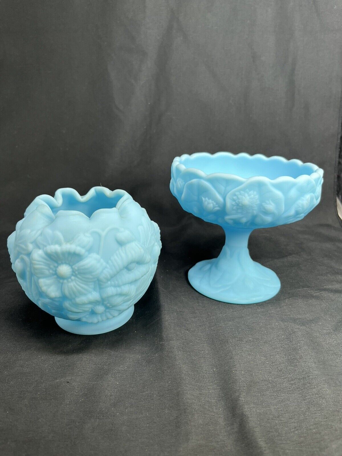 2 Fenton Blue Satin Glass Footed Pedestal & Bowl Compote Candy Dish ~ Water Lily