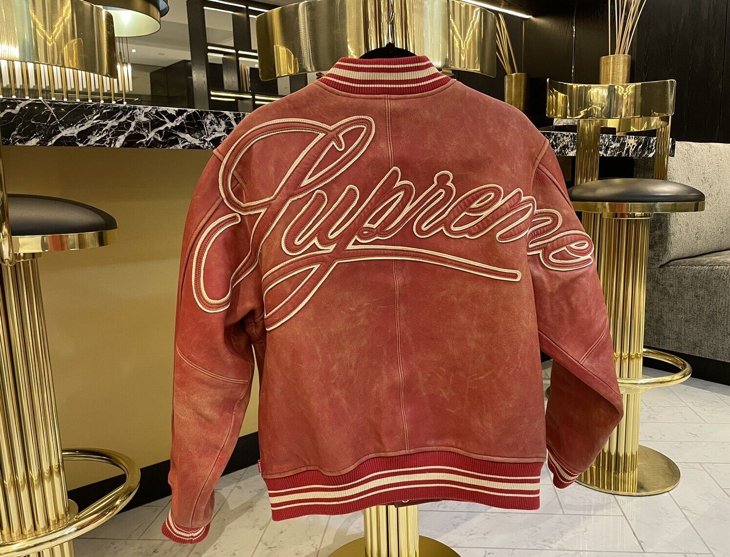 Supreme Leather Jacket Red Bomber Varsity Medium Painted ￼Distress Limited 2019