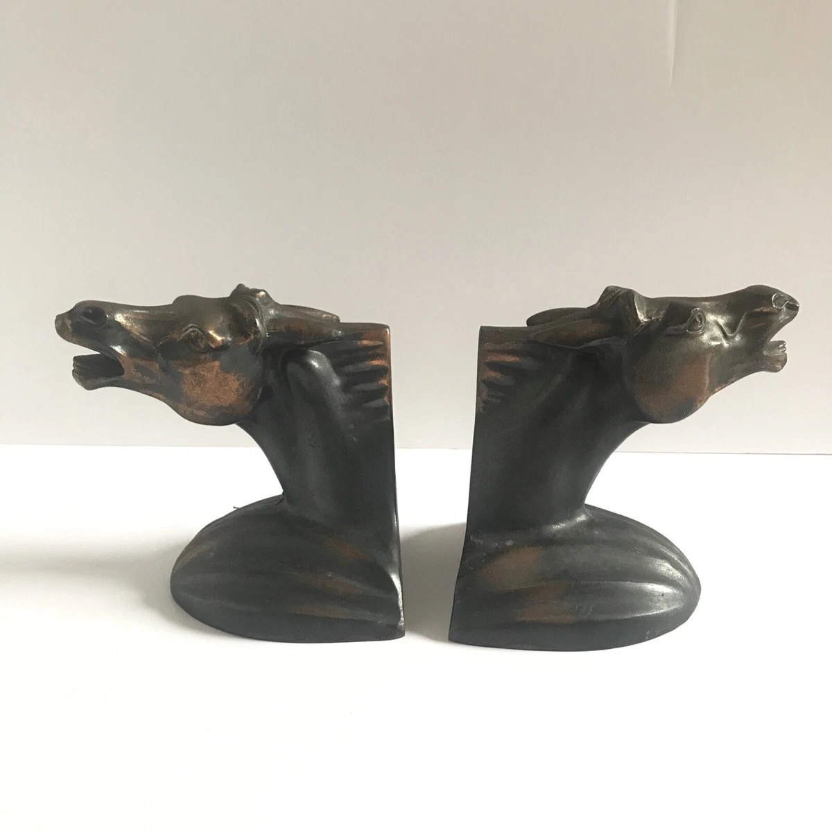 VINTAGE ART DECO FRANKART METAL BRONZE FINISH TROJAN HORSE HEAD BOOKENDS 1930s