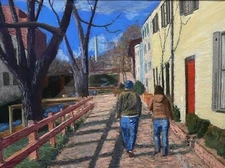 American oil & Pastel Georgetown Bargemens Cottages & Canal by  D. Mayers 1987