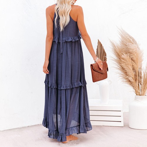 Women Summer Long Maxi Dress Sleeveless Tiered Agaric Laces Sundress Holidays - Picture 9 of 24