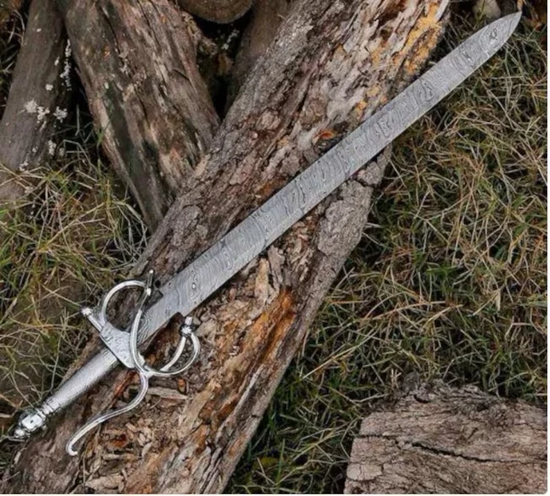 Espada medieval/rapier de acero Damasco hecha a mano con funda de cuero Foto 2 de 4