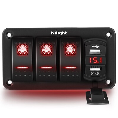 Nilight 3 Gang Rocker Switch Panel Red Backlit with USB Charger Voltmeter