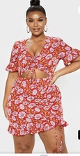 PrettyLittleThing Women’s XL Red Floral Cut Out Ruffle Dress V-neck Short Sleeve