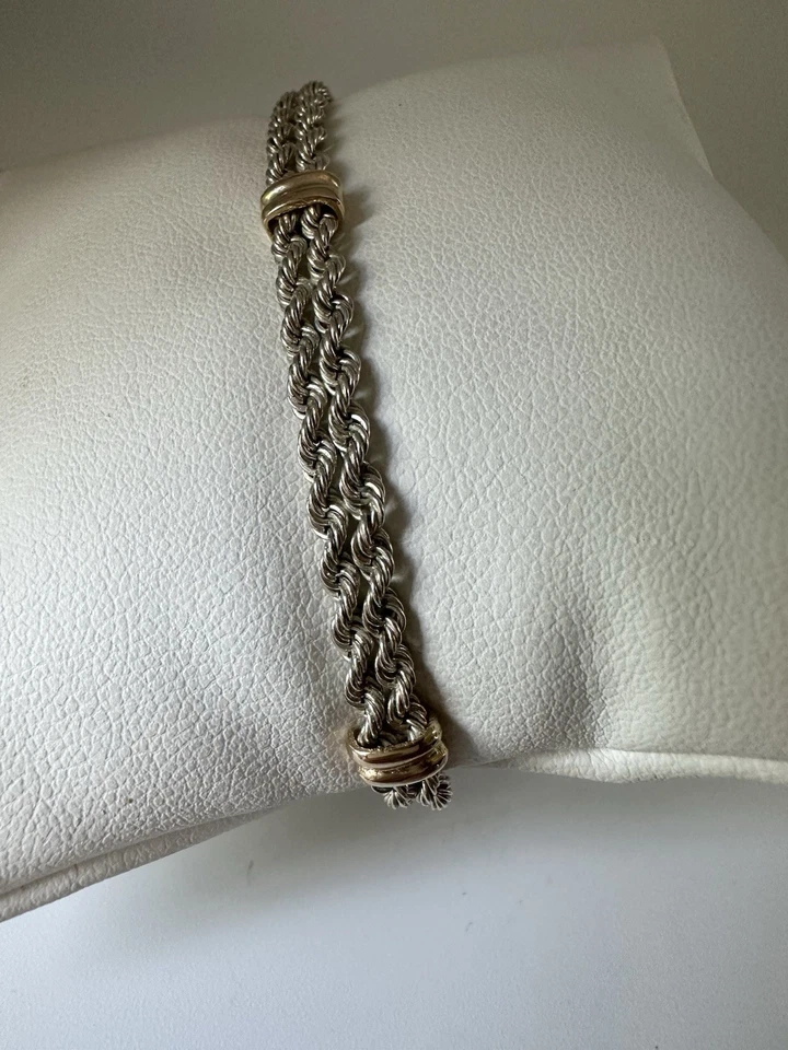 Vintage Sterling Silver Solid 14k Gold Rope Chain Bracelet 7” - Image 3 of 4