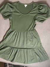 J. Crew Olive Puff Sleeve Flowy Cottagecore Tiered Summer Dress Pockets Spring
