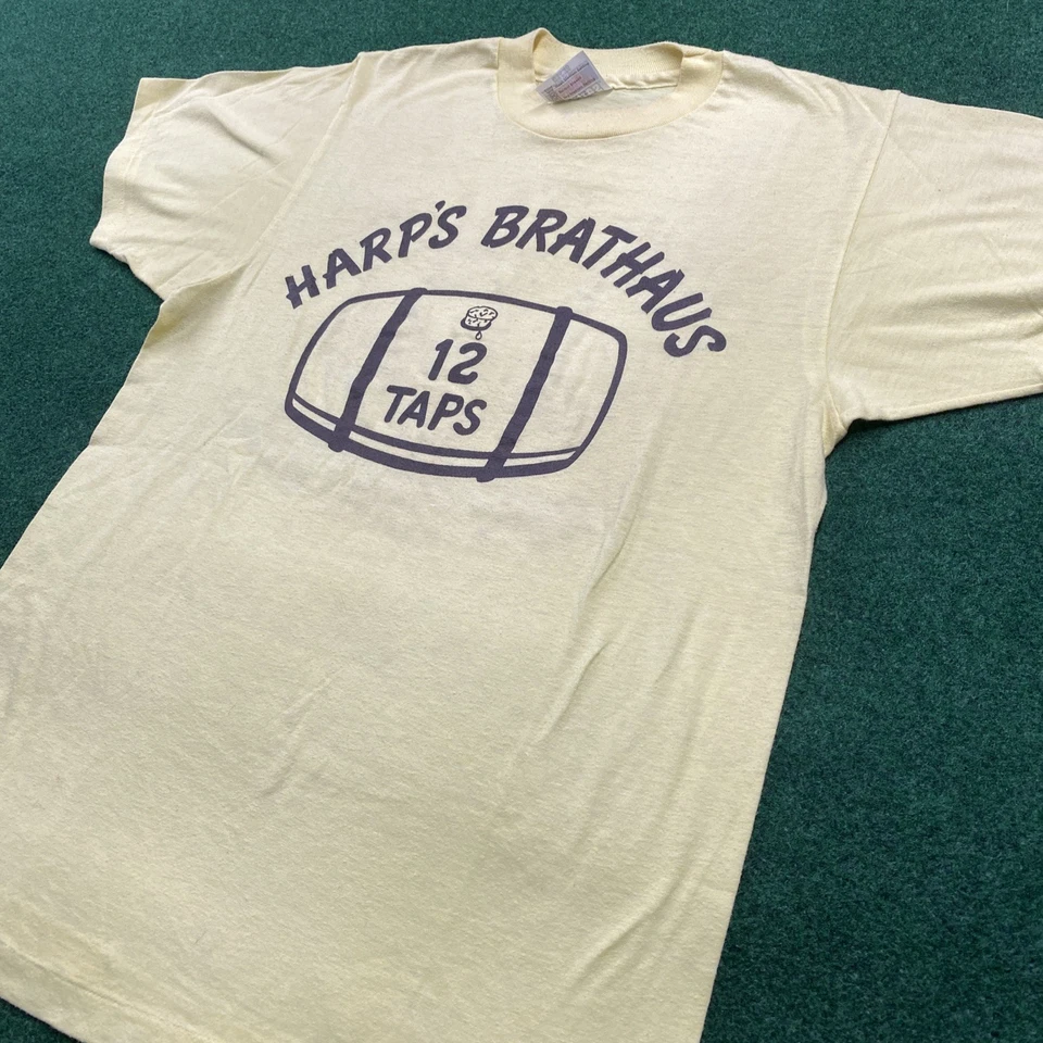 Vintage 70S 80S Bar Shirt Mens M Yellow Harps Brathaus River Falls Wisconsin - Image 2 of 4