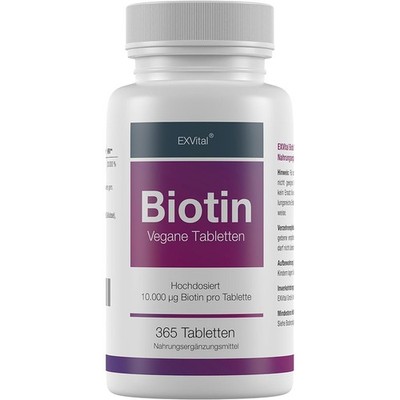 EXVital Biotin für Haare, Haut und Fingernägel, hochdosiert, 10.000 mc, 365 Stk.